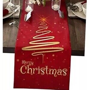Table Runner Merry Christmas Tree Red Gold 13”x68” Holiday Table Decor